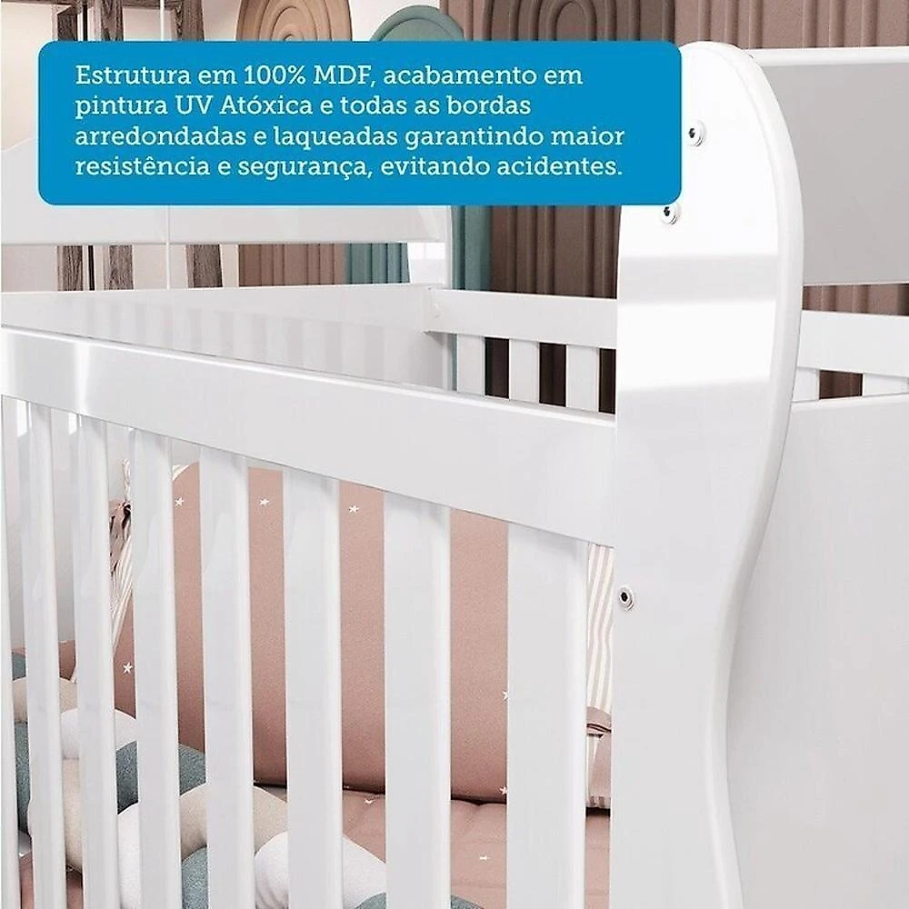 Quarto de Bebê com Guarda Roupa 3 Portas com Janelas e Berço Americano Nina 100% Mdf Espresso Móveis Branco Brilho