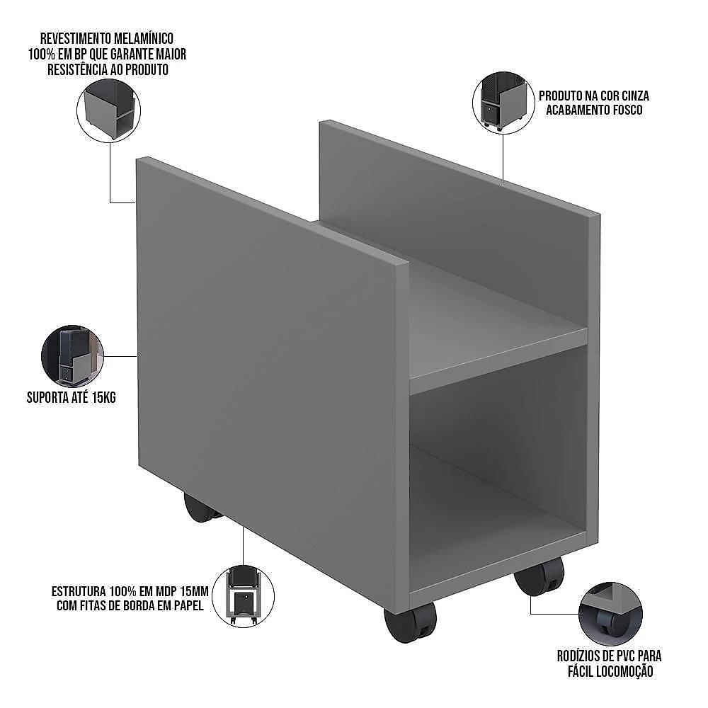 Kit 03 Suportes Para Cpu E Nobreak Com Rodízios Guide L03 Cinza - Lyam
