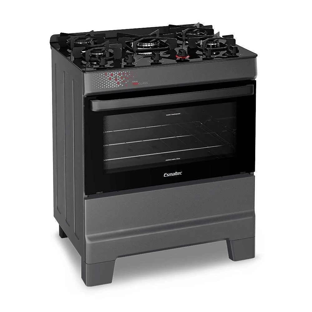 Fogão A Gás Mesa De Vidro Forno 84L Esmaltec Ideal Top Glass Titanium 5 Bocas Bivolt