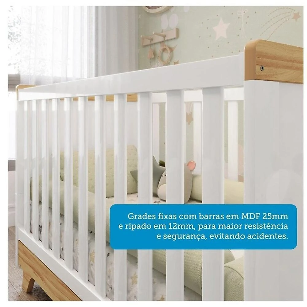 Quarto de Bebê com Berço Guarda-roupa e Cômoda com Janelas 100% Mdf Retrô Kakau Espresso Móveis Branco Brilho/Amêndoa