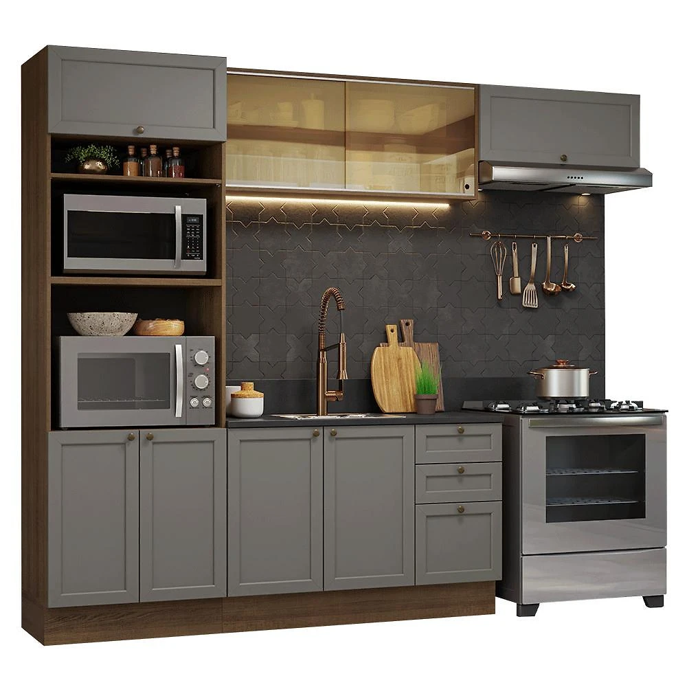 Armário de cozinha completa 270 cm rustic/cinza vik madesa 04