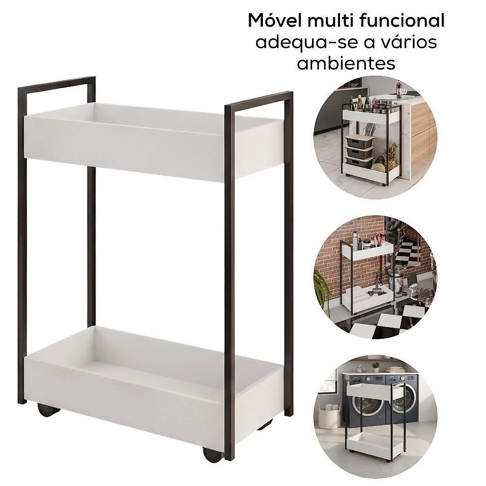 Carrinho Organizador Multiuso 2 Cestos Bp 70 Cm Lara Branco Eratto Moveis Branco