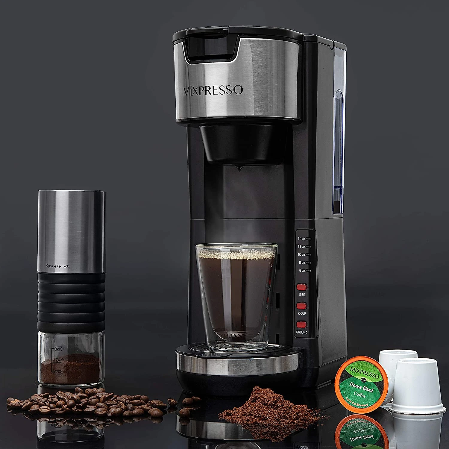 Mixpresso Single Serve 2 in 1 Coffee Brewer KCup Pods Compatible e Ground CoffeeCompact Coffee Maker Single Serve With 30 oz Detachable Reservoir 5 Brew Size and Adjustable Drip Tray Black