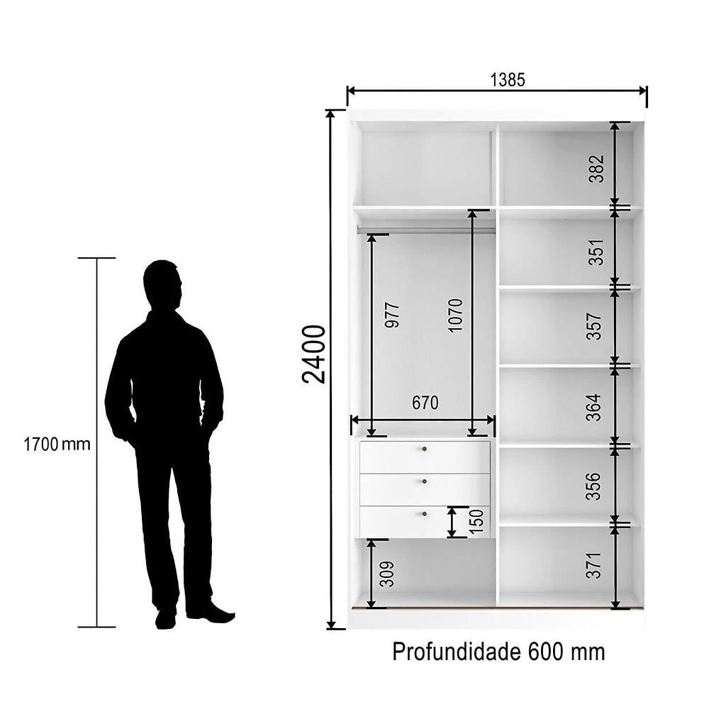 Miniatura Guarda Roupa Solteiro 2 Portas de Correr Mdf 138cm Branco