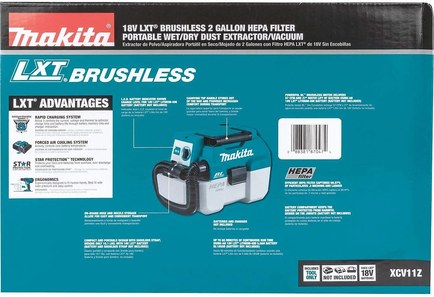 Makita XCV11Z Aspirador de Pó Seco e Úmido 7L 4 Pico HP com E xtensores 110V Verde