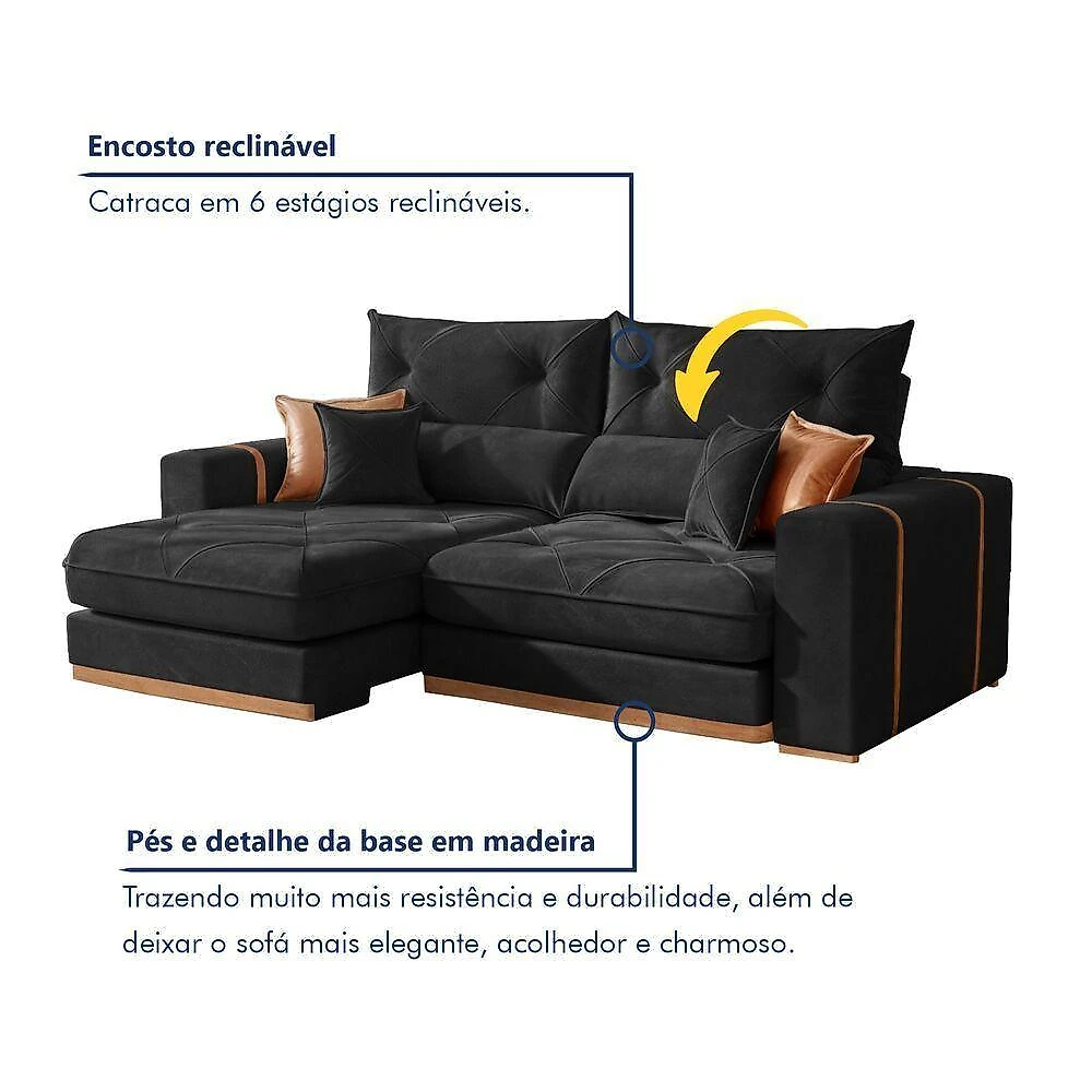 Sofá Montreal 4 Lugares Retrátil e Reclinável 250CM Preto