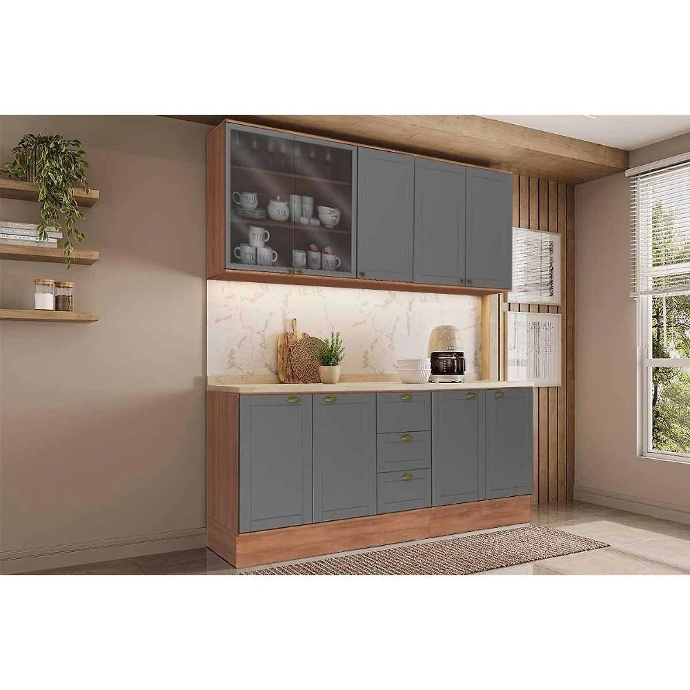 Cozinha Modulada Completa Bella 4 Peças (2aéreos+2balcões) C4p169 Nogal-cinza - Carraro