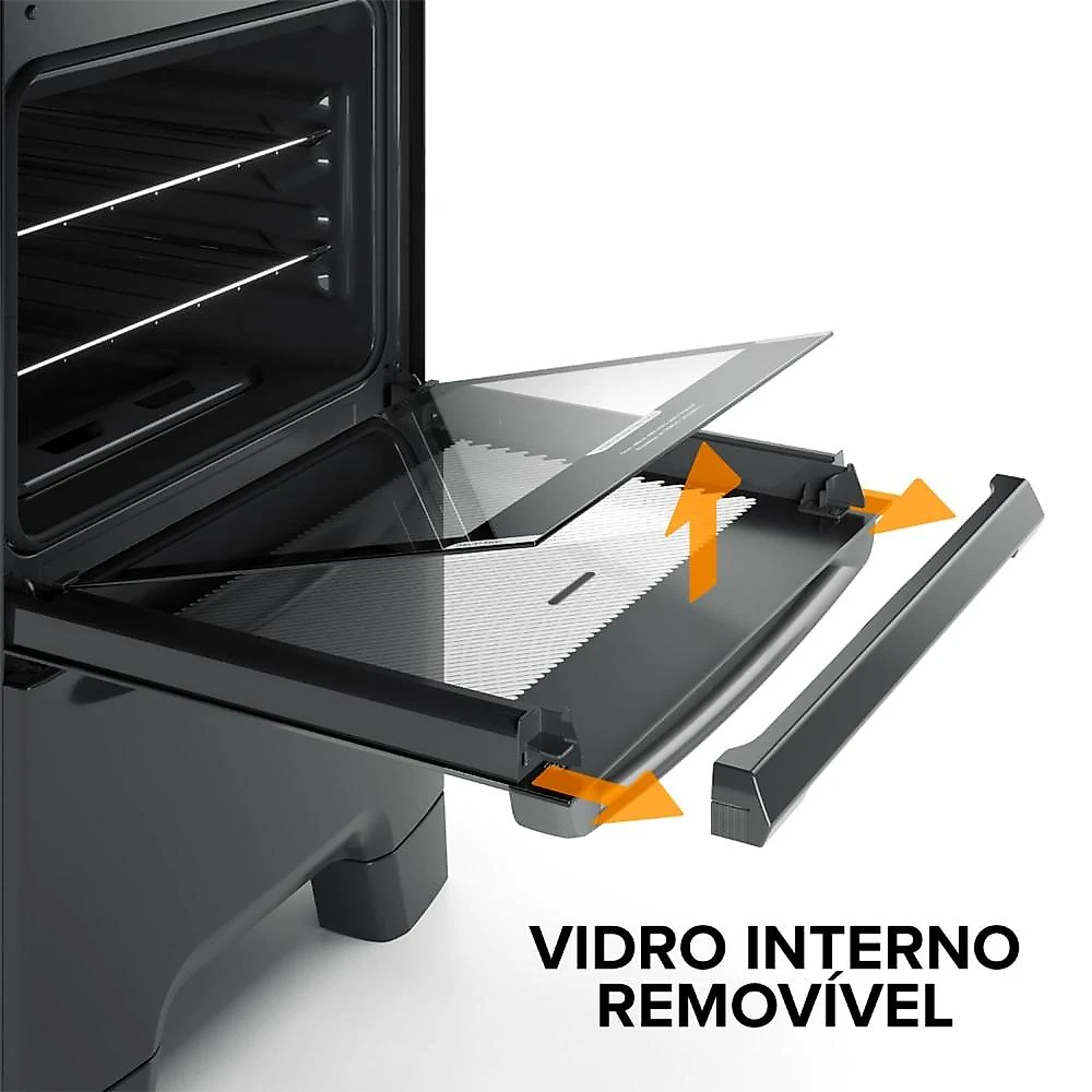 Fogão continental 4 bocas fc4gb preto mesa de vidro forno eco turbo grades de ferro fundido bivolt