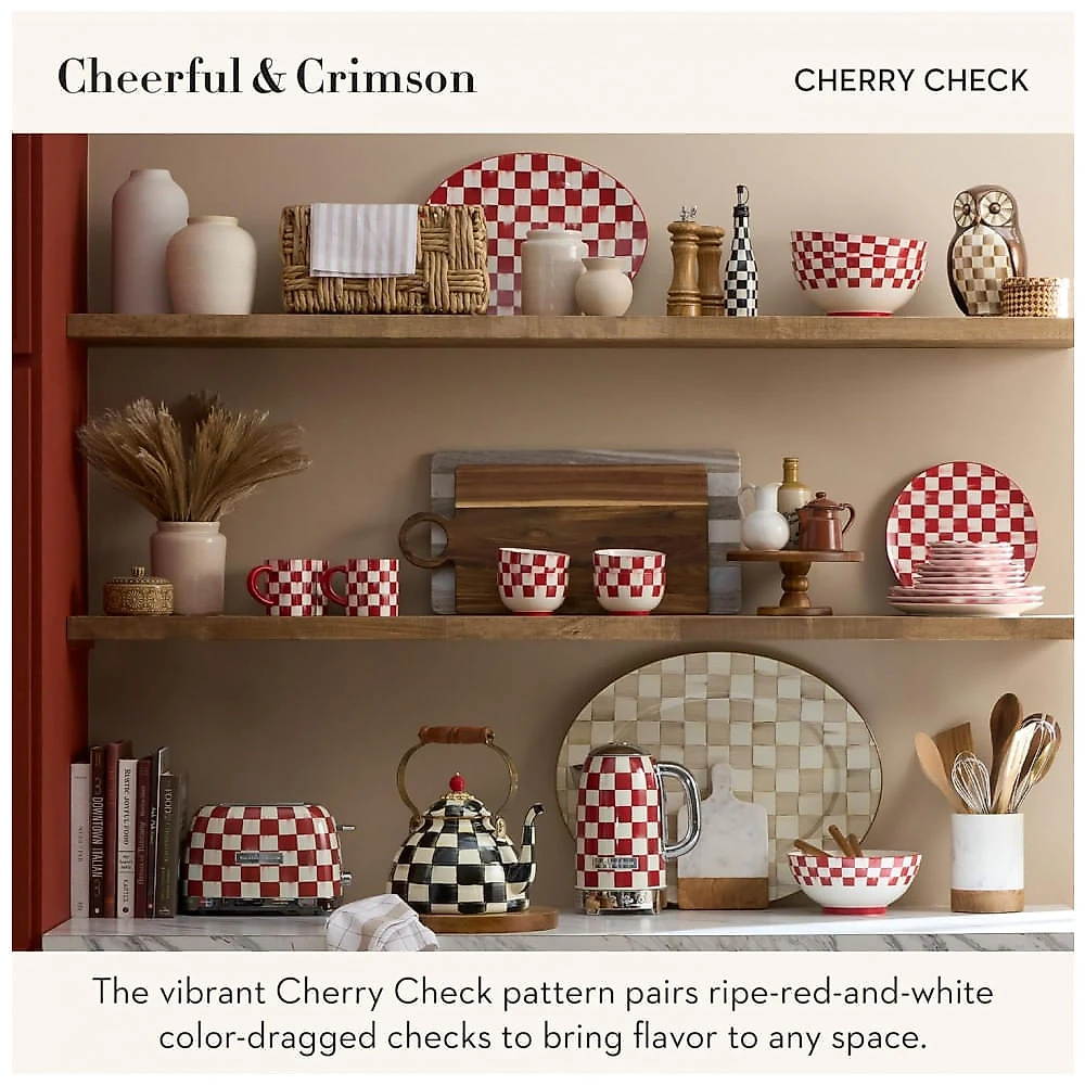 Conjunto chaleira elétrica e torradeira 2 fatias MacKenzie-Childs Cherry Check vermelha e branca inox 1500W e 850W 110V
