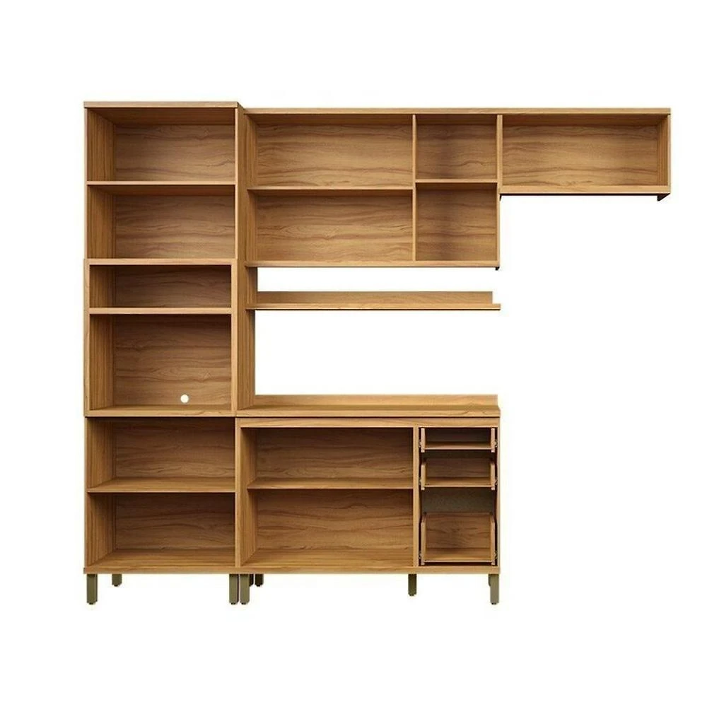 Miniatura Cozinha Modulada Compacta 270cm 4 Peças 10 Portas com Tampo 100% MDF Noruega Fresada Espresso Móveis Amêndoa/Chumbo