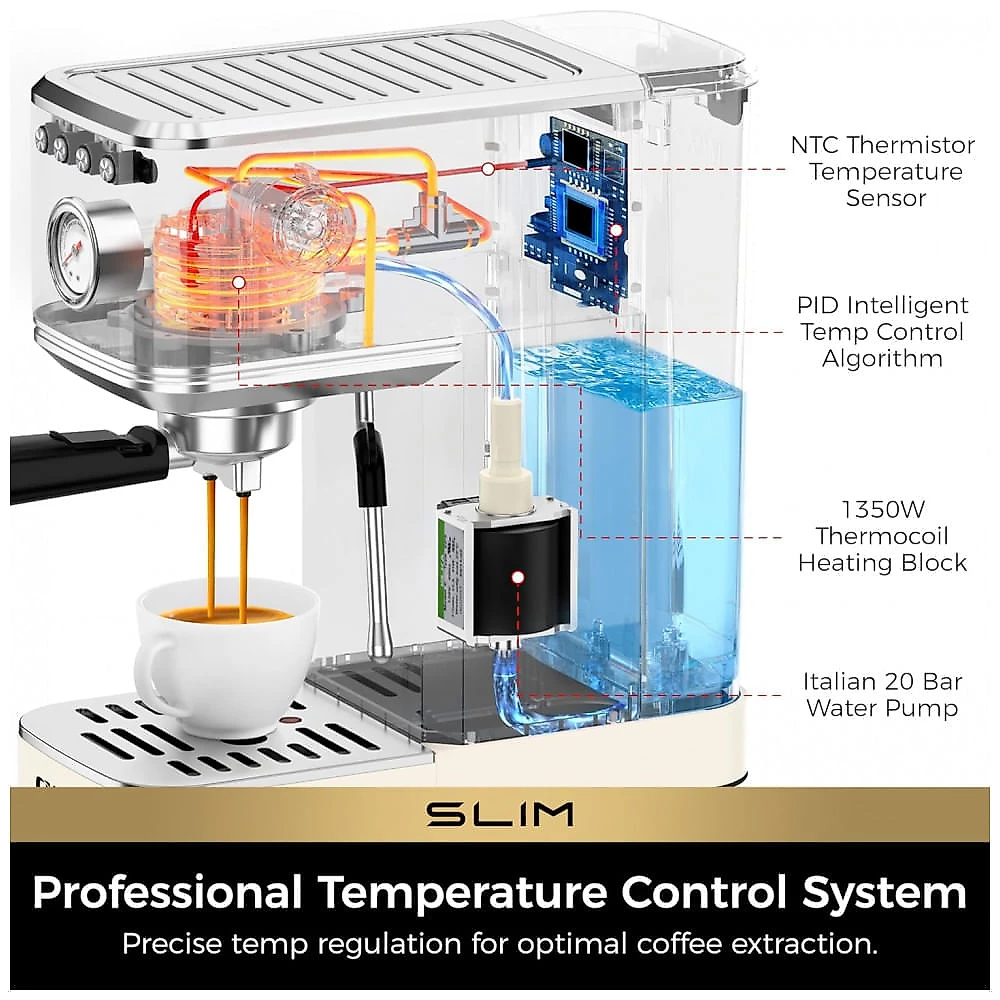 Cafeteira Espresso CHULUX Slim 20 Bar, Vaporizador de Leite, 1,18L, Bomba Italiana, Pré-Infusão, 110V - Creme