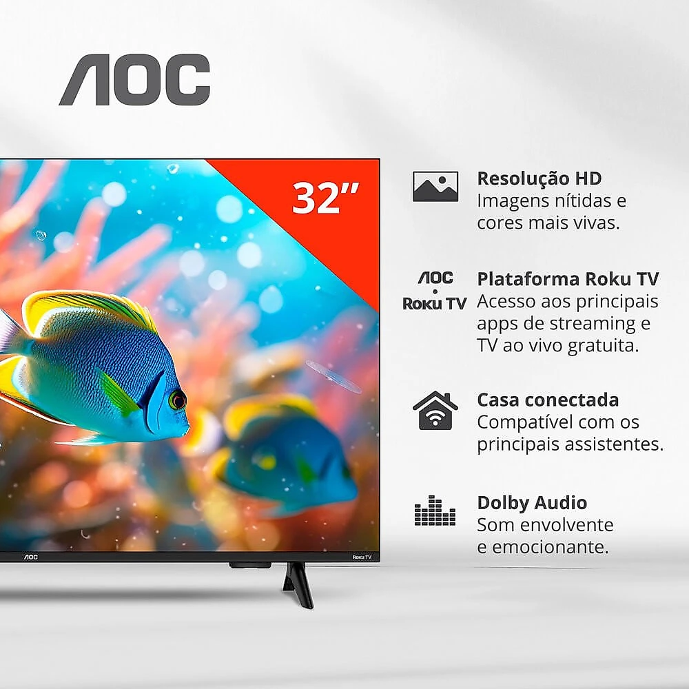Smart TV 32 Polegadas DLED HD Roku TV 32S5155 78G AOC 032582413626 - Preto - Bivolt