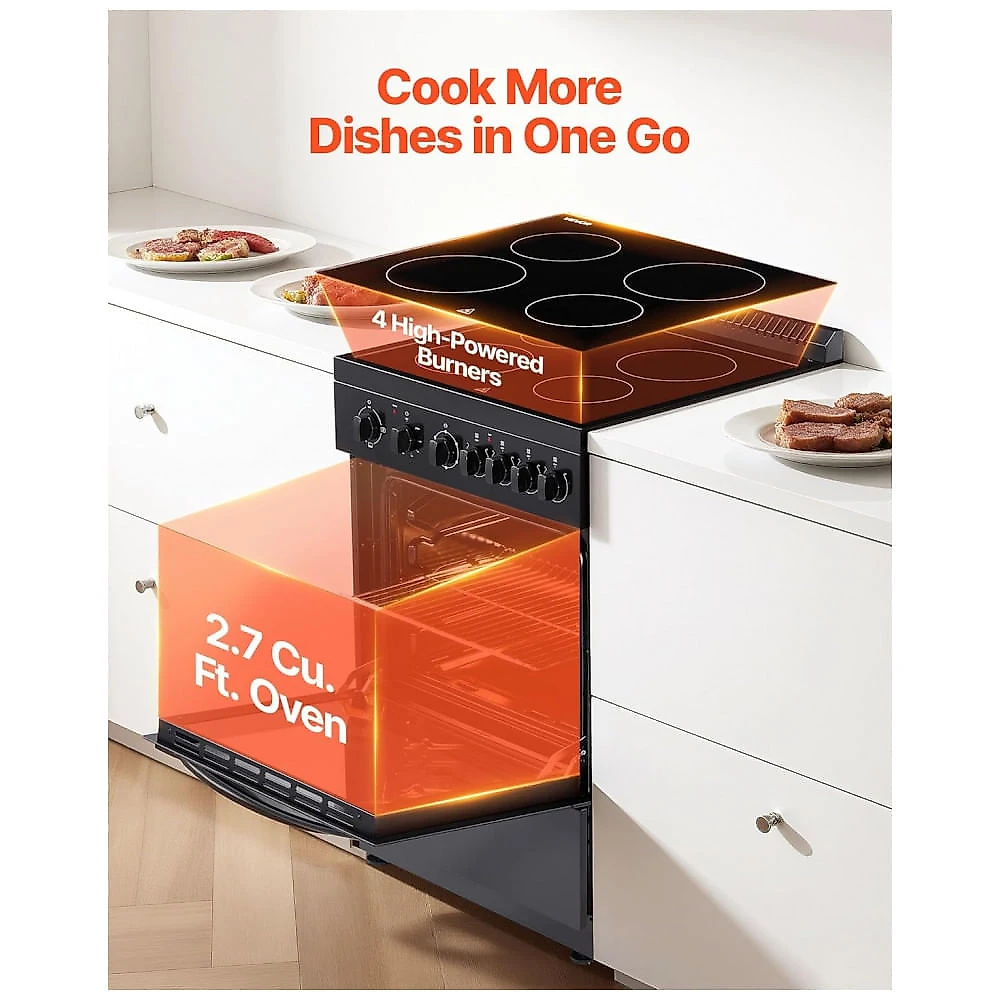 Fogão Elétrico de Piso VEVOR 61 cm Inox 4 Bocas Forno 76L 3 Grades Gaveta 110V