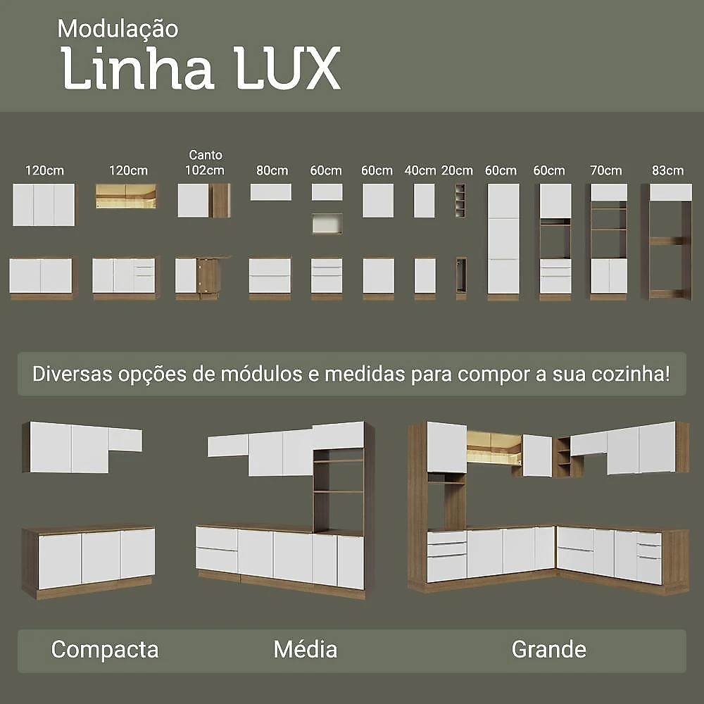 Armário de cozinha completa 340 x 60 cm rustic/branco veludo lux madesa 04