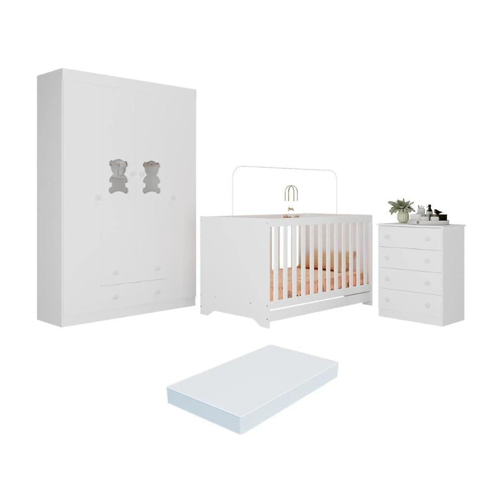 Quarto De Bebê Completo Com Berço Americano 3 Em 1 Colchão Teddy Multimóveis MP4664 Branco
