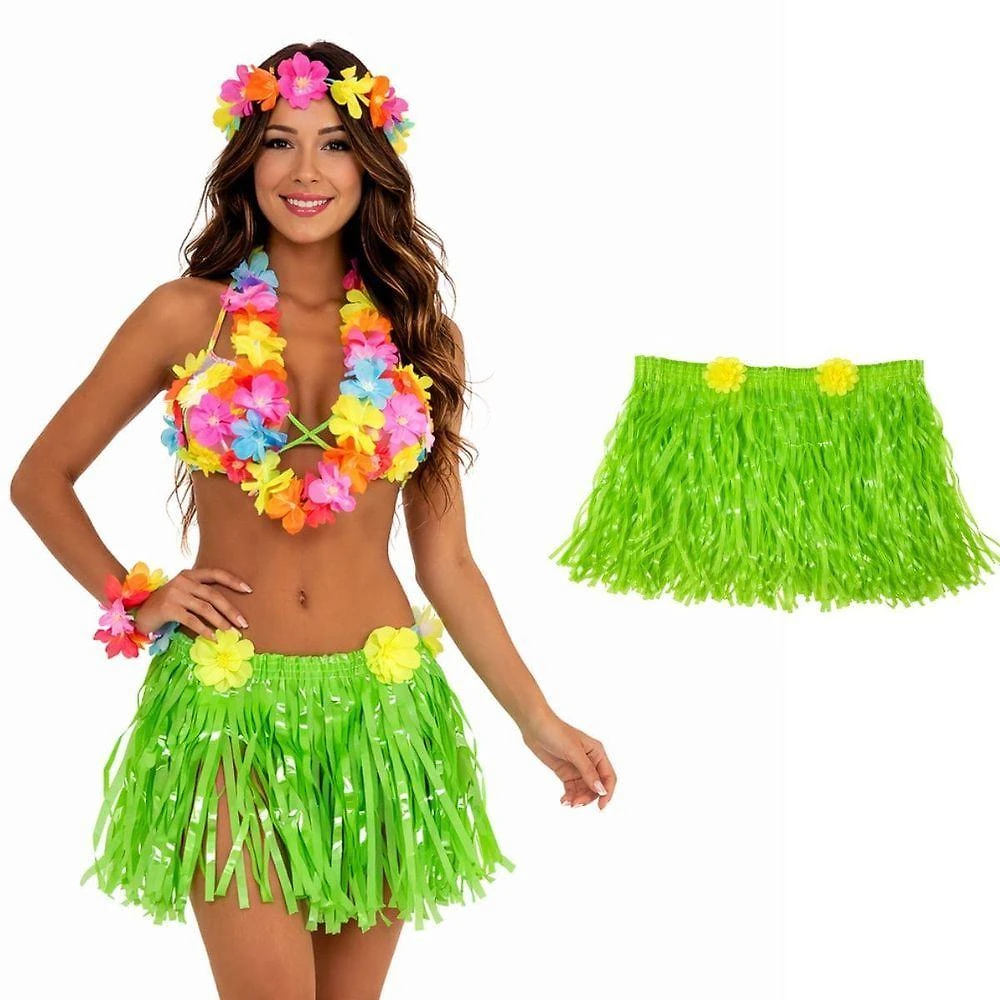 Saia Havaiana Hula com Flores Plástico 35cm Verde Extra Festas