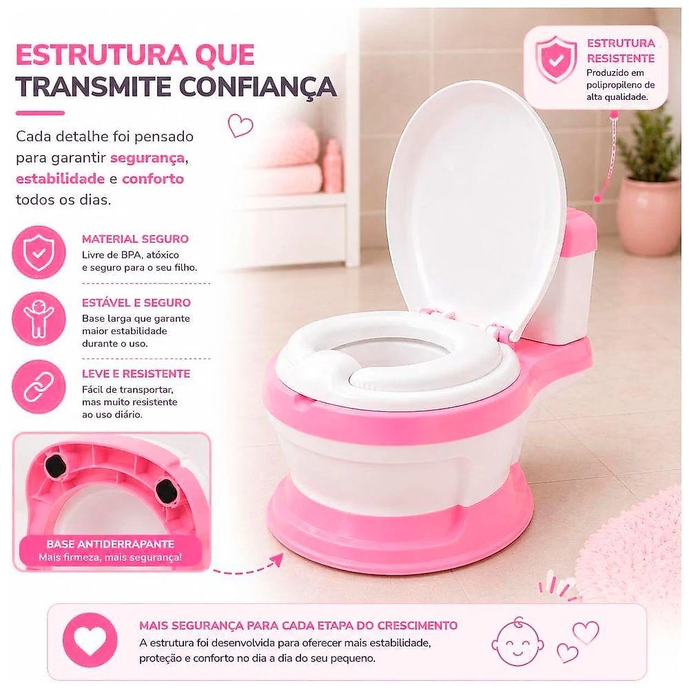 Troninho Privadinha Infantil Desfralde com Assento Redutor Removível Compartimento para Lenços Rosa
