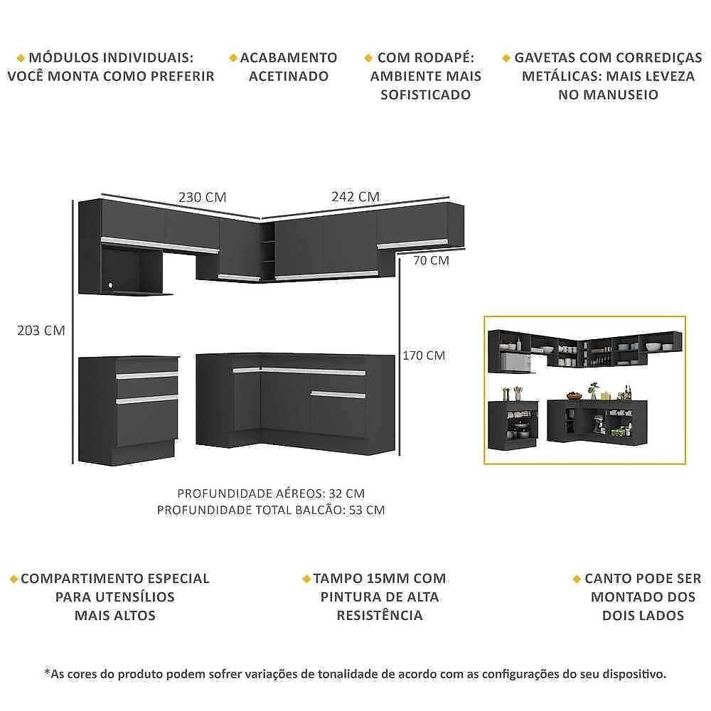 Cozinha Completa De Canto c/ Rodapé Multimóveis Preto/branco