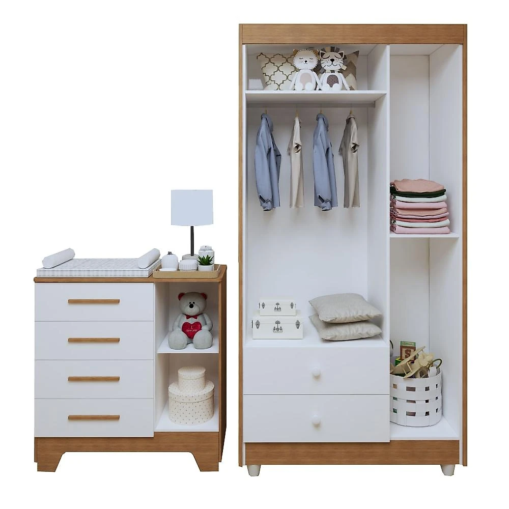 Quarto de Bebê Completo com Cômoda, Berço com Colchão e Guarda Roupas Mila Branco/Amadeirado