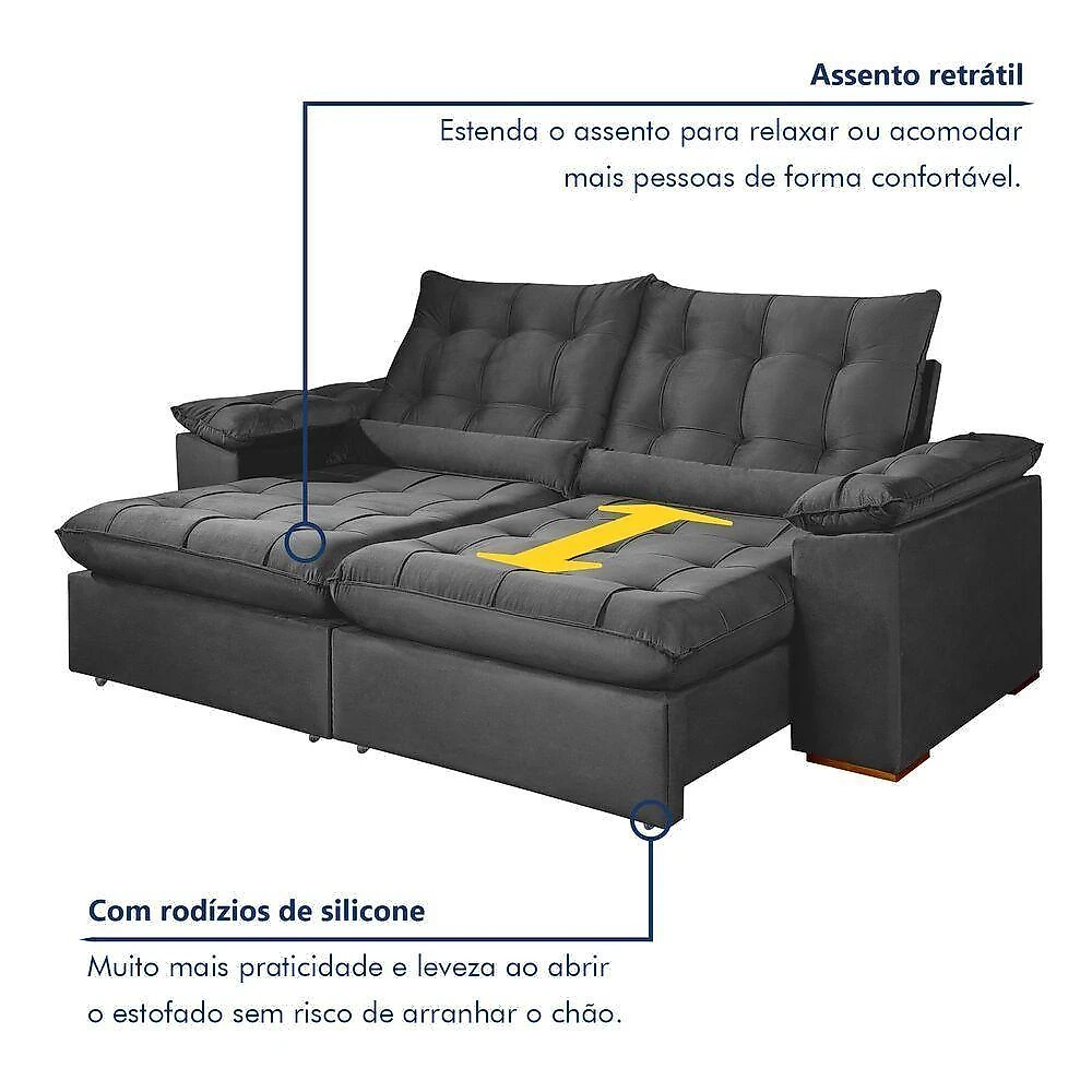 Sofá Retrátil e Reclinável Valencia 4 Lugares 290CM Cinza Veludo Rei de Casa