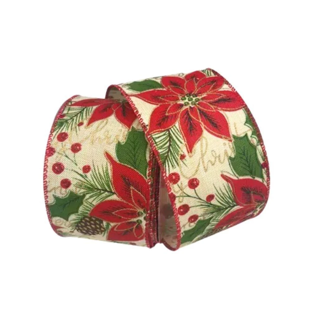 Fita Natalina Poinsetia E Pinha Vermelho Verde 6,3cmx9,14m Cromus