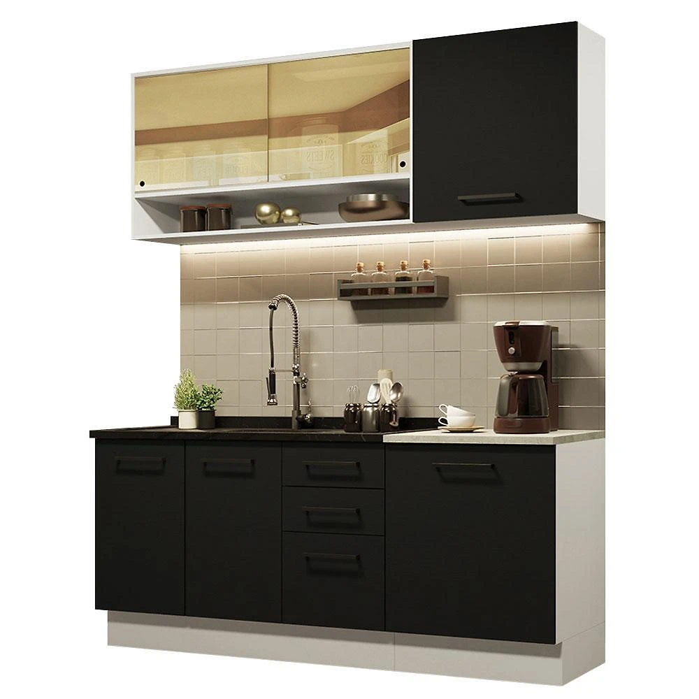 Cozinha compacta madesa agata 180002 com armário e balcão (sem tampo e pia) - branco/preto