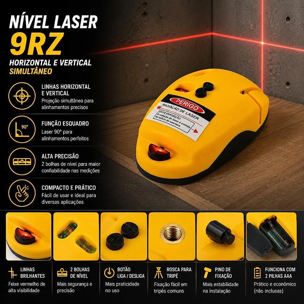 Nivel a Laser Horizontal e Vertical 9RZ com Esquadro Bolha Dupla EDA Profissional Yeet
