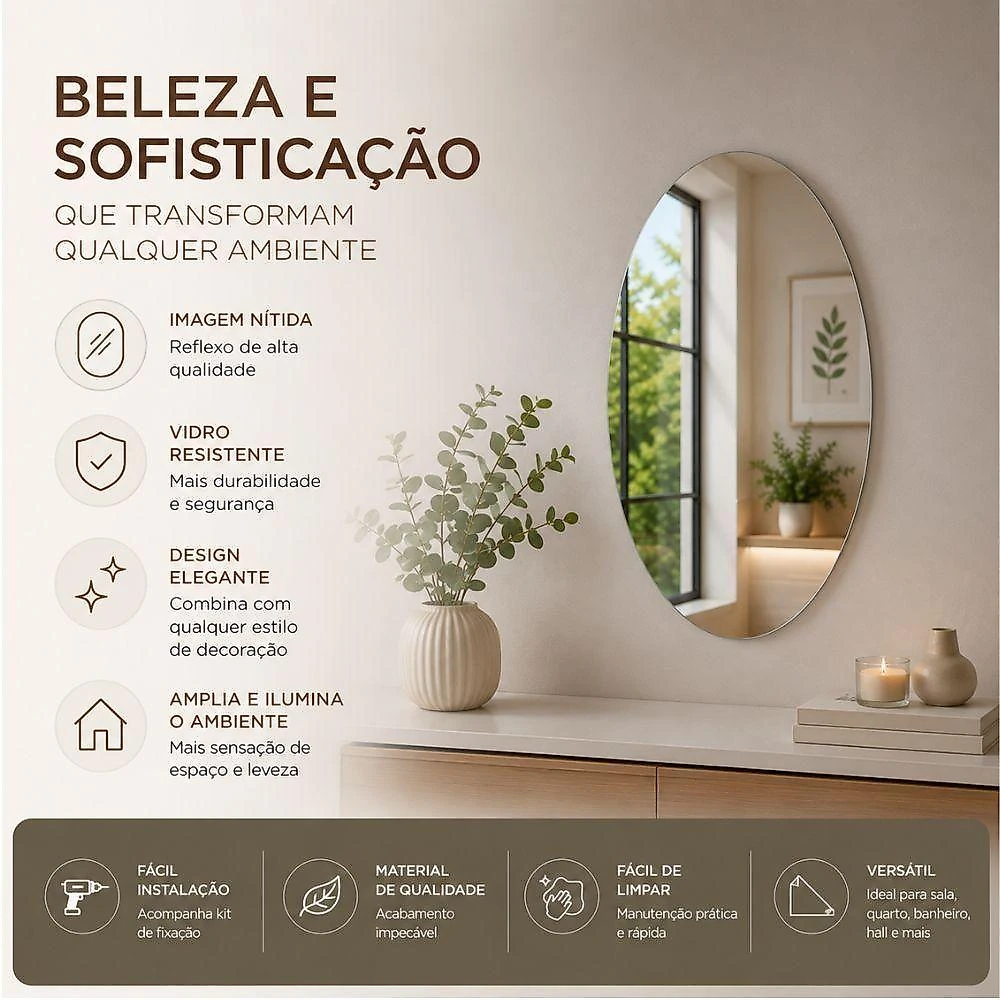 Espelho Adesivo Multiuso Oval 30X40CM sem Moldura para Banheiro Quarto Sala Decoracao