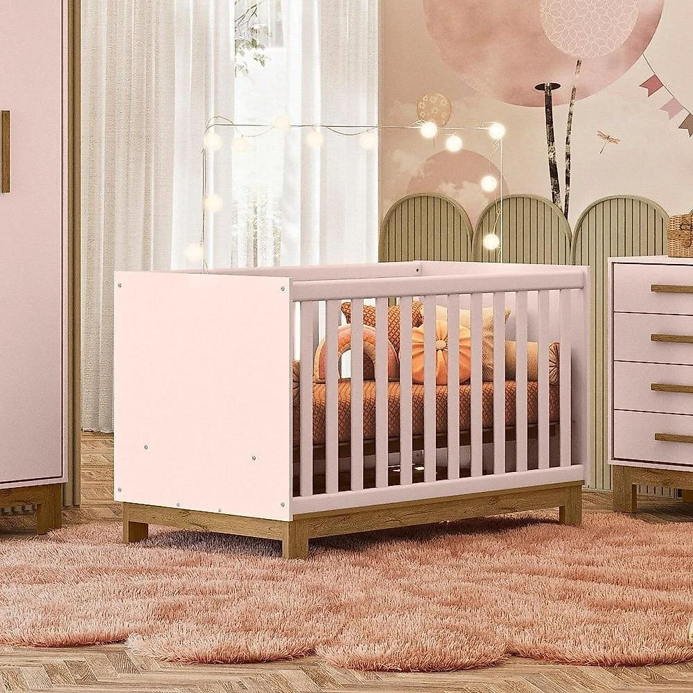 Quarto para Bebê Completo 3 Peças Guarda-Roupa, Cômoda e Berço Encanto Slim Quarto para Bebê Completo com Roupeiro Cômoda e Berço Encanto Slim Rosa Acetinado