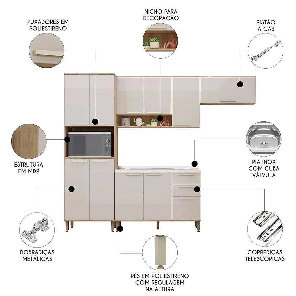 Armário Cozinha 4 Peças Nádia 11 Portas 2 Gavetas MDP 270CM Mocca e Avelã Mpozenato