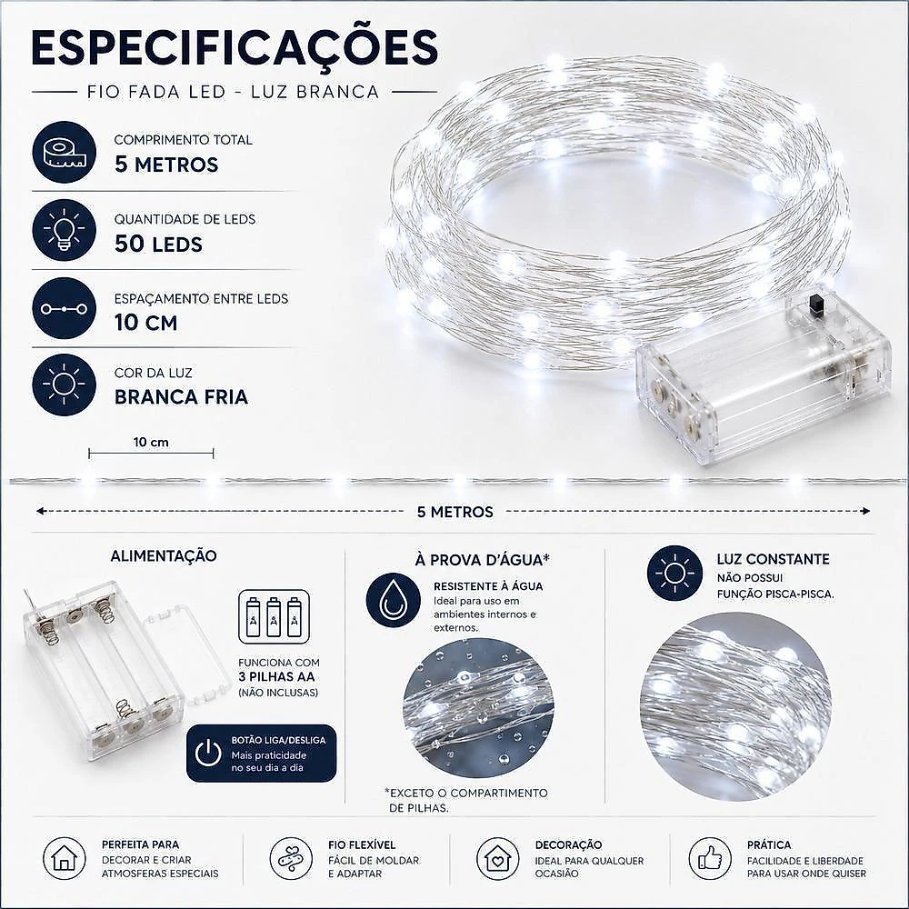 Fio de LED Fada Decorativo Cordao Led 5 Metros 50 Leds com Luz Branca Quente e Efeito Aconchegante