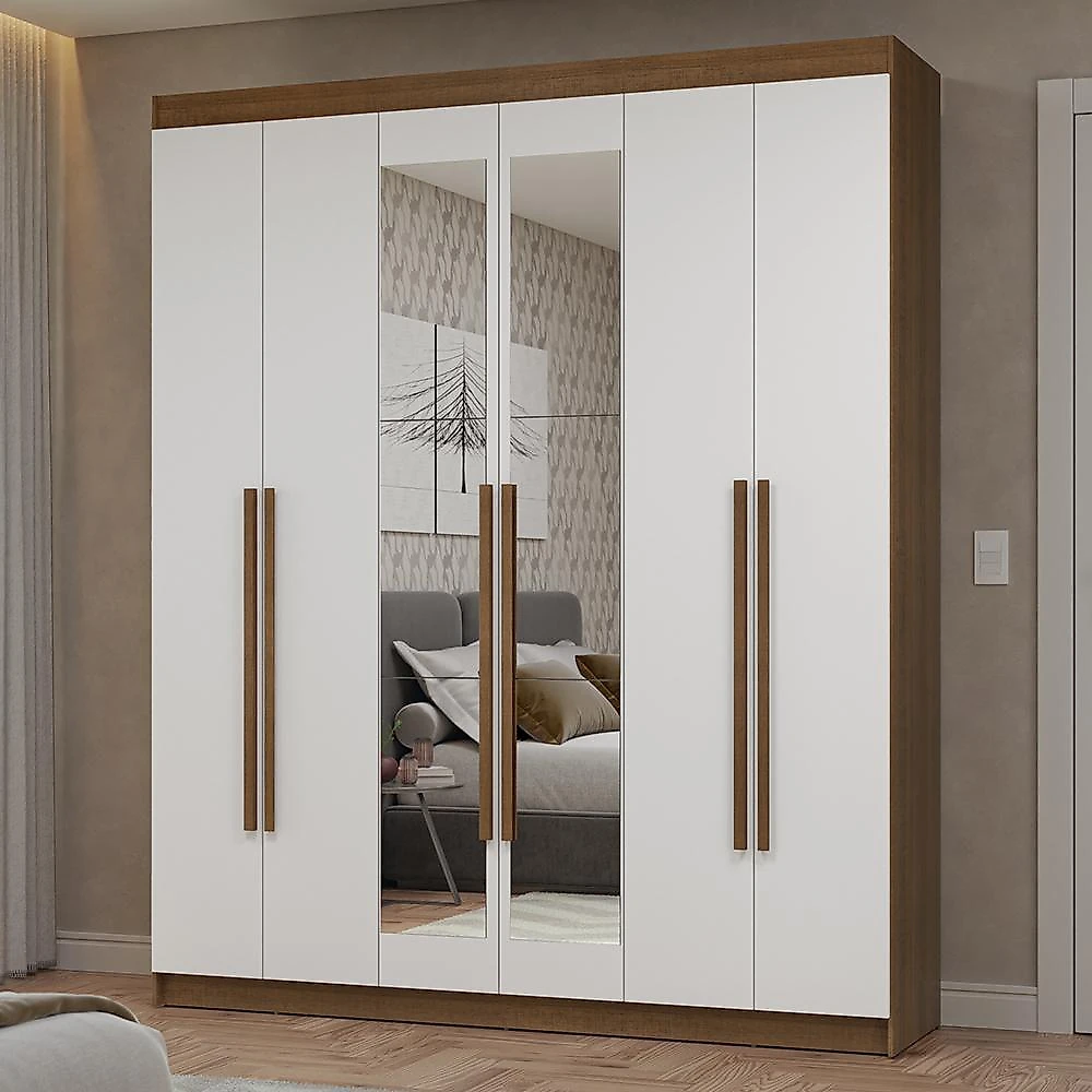Guarda-roupa casal 6 portas batentes com espelho rustic/branco/rustic netuno madesa