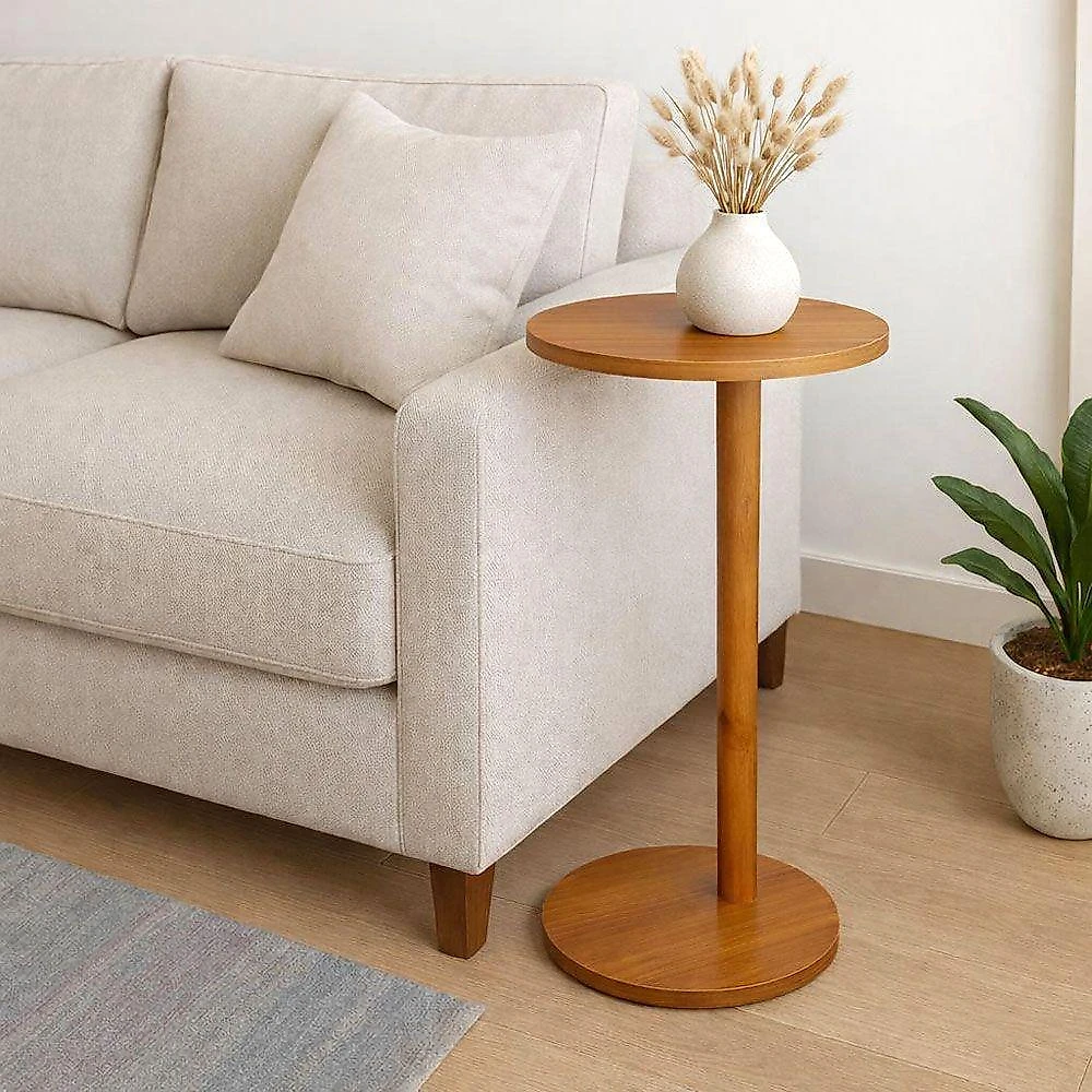 Mesa de Apoio Lateral Redonda Monopé MDF Madeira 35CM Mel Lubrano Decor