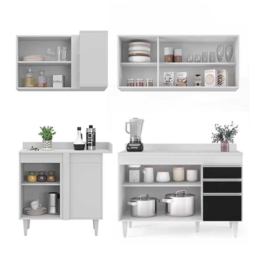 Armário De Cozinha Modulado De Canto Direito 4 Peças Cp38 Balcão Com Tampo Branco/preto - Lumil