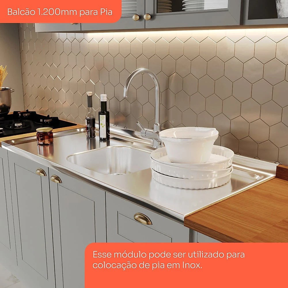 Cozinha Completa 4 Peças Com Aéreo Cristaleira Amy Casa 812 Cinza/Nature