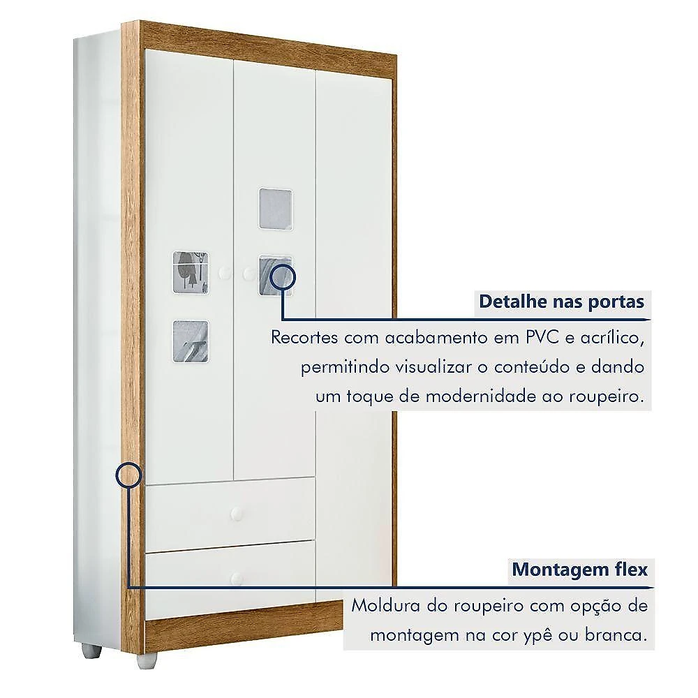 Quarto Bebê Life Berço Cômoda Guarda Roupa 3 Portas Colchão Branco Tigus Móveis