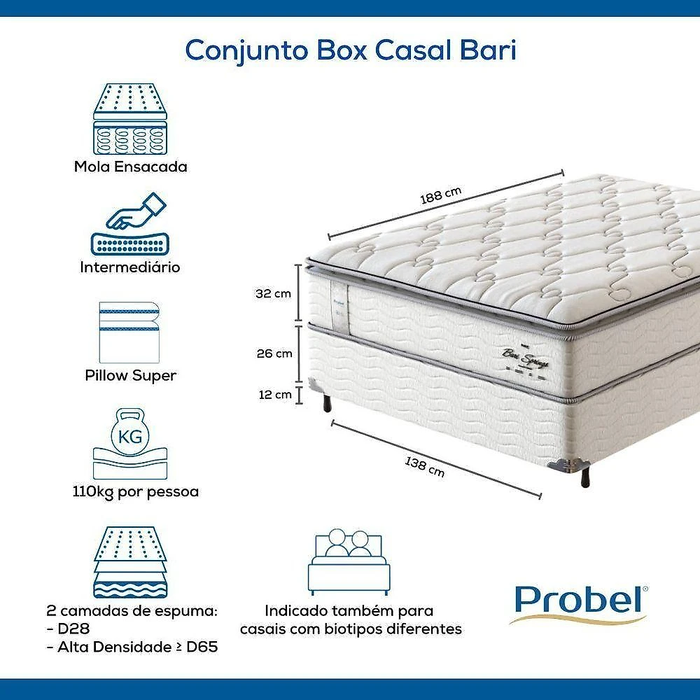 Conjunto Box Casal Mola Ensacada Probel Bari (138x188x58cm)