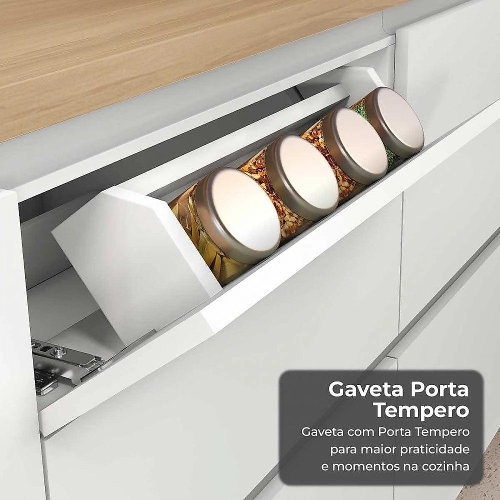 Cozinha 5 Peças Rainha 2 Portas 7 Gavetas MDF Branco com Nature Nesher Móveis