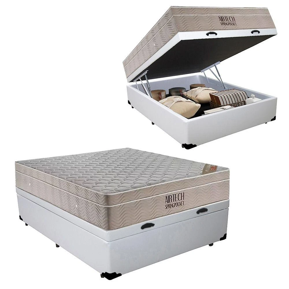 Cama Baú Casal Sintético + Colchão Casal Ortobom Airtech Molas Springpocket (65x138x188) Branco