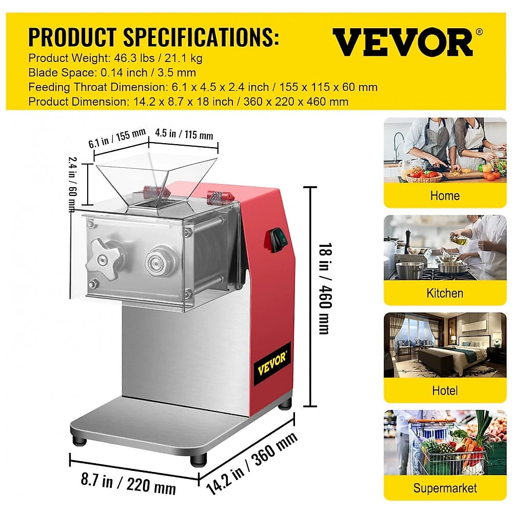 Cortador de Carne Elétrico VEVOR SJY-DQ90 250kg/h 850W Inox Cubos Tiras Fatias 110V