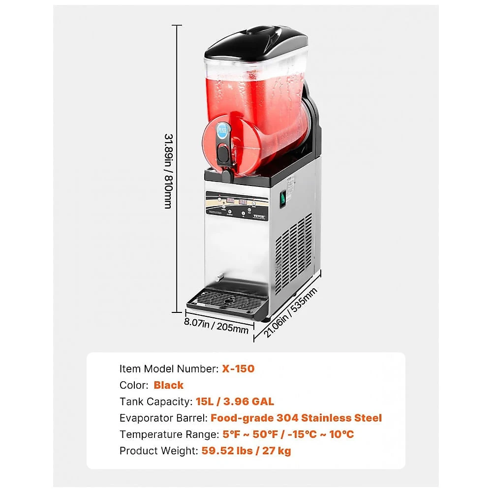 Máquina de Frozen VEVOR, Tanque Único de 15L para Uso Comercial, 60 Copos em Aço Inoxidável para Margarita, Smoothie e Bebidas Congeladas