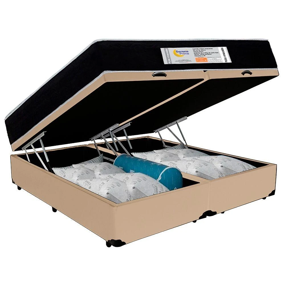 Cama Box Baú Queen Bipartido Sintético + Colchão Molas Ensacadas Sereneprime Sonnolux 158x198x69 Cor:bege
