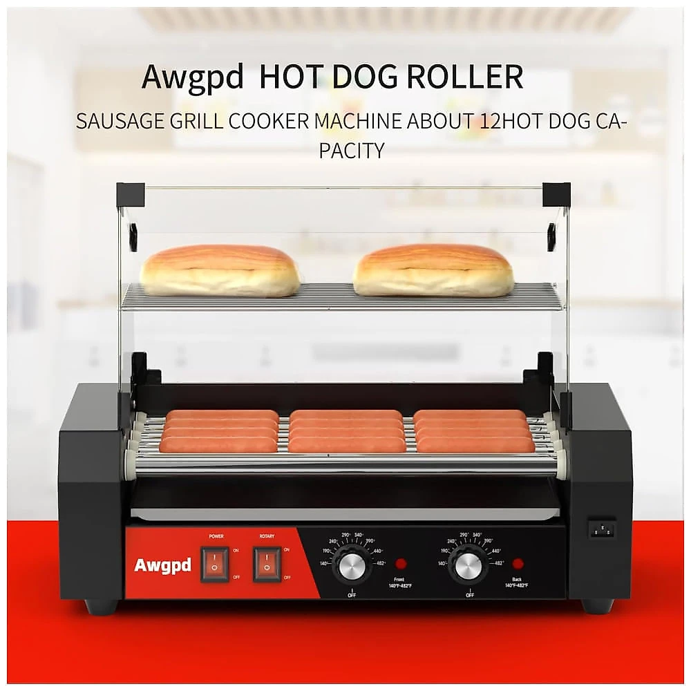 Máquina de Salsicha Hot Dog Awgpd, 12 hot dogs e 5 rolos antiaderentes, com tampa de vidro, bandeja coletora, controle de temperatura duplo 110v