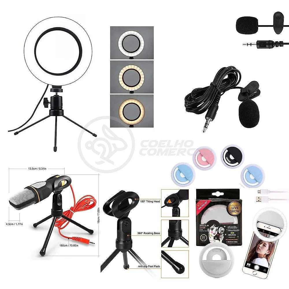 Ring Light De Mesa 6\" Com Tripé De 16cm + Microfone Sf-666 + Mini Ring Light + Microfone Lapela