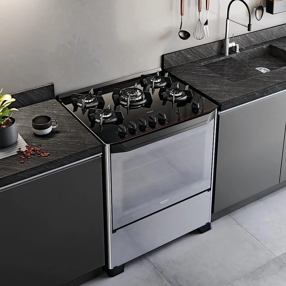 Fogão 5 Bocas Dako Magister Style Mesa de Vidro Preto Bivolt
