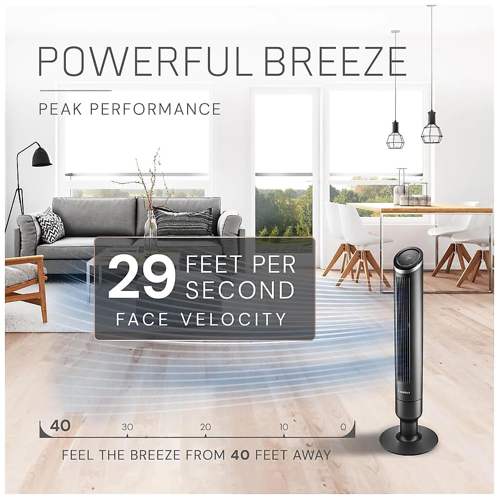 Ventilador de Torre com Controle Remoto, Distância Máxima do Ar 8 Metros, 6 Velocidades, Temporizador de 24H e Oscilação de 90°, 110V 54W, Lasko 110v