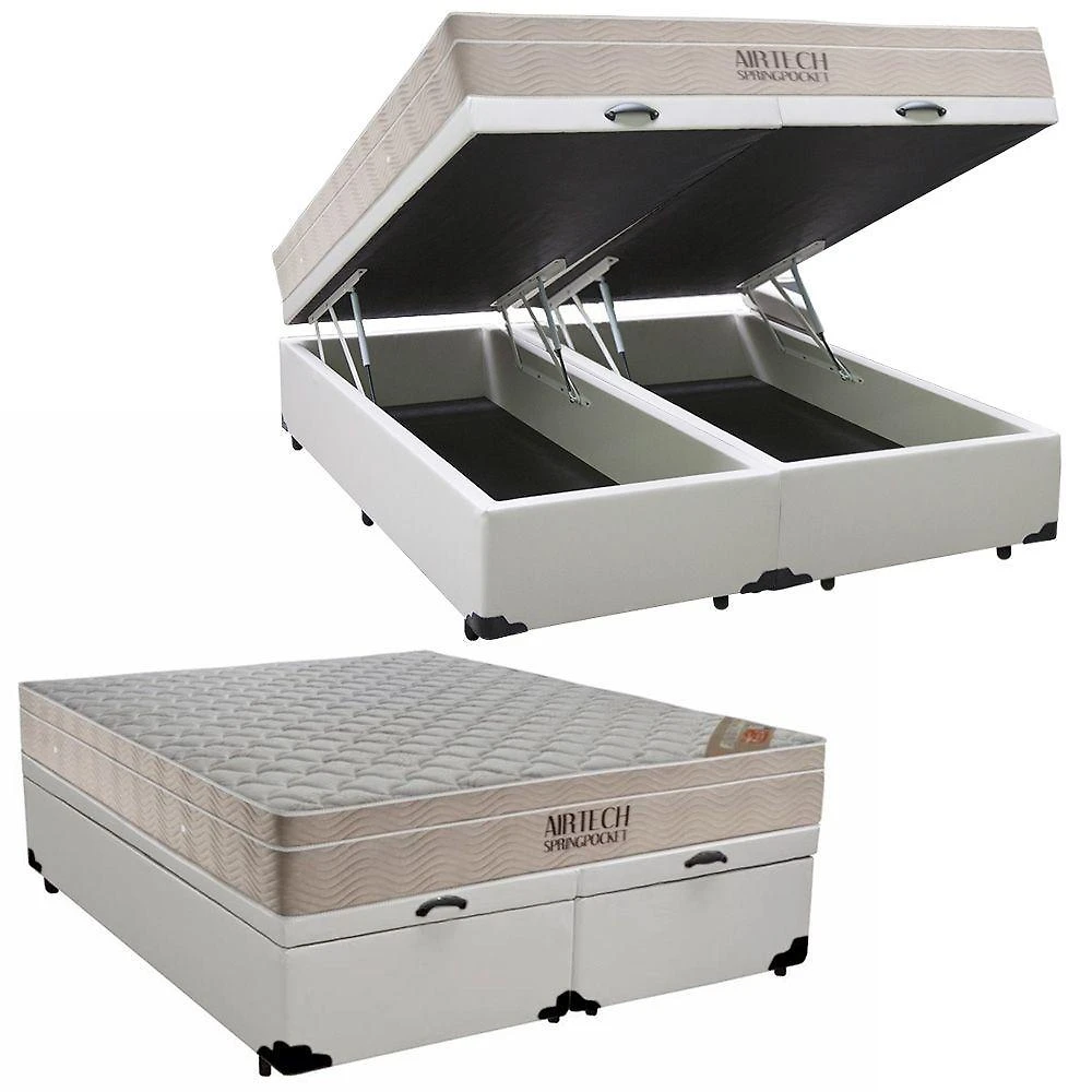 Cama Box Baú Queen Sintético Bipartido + Colchão Ortobom Airtech Molas Ensacadas 65x158x198 Branco