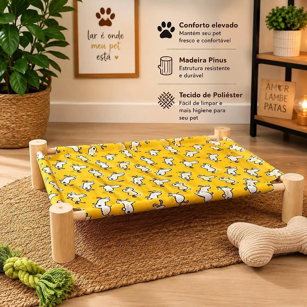 Cama Elevada para Pet Cães e Gatos Madeira Pinus Poliéster 55CM