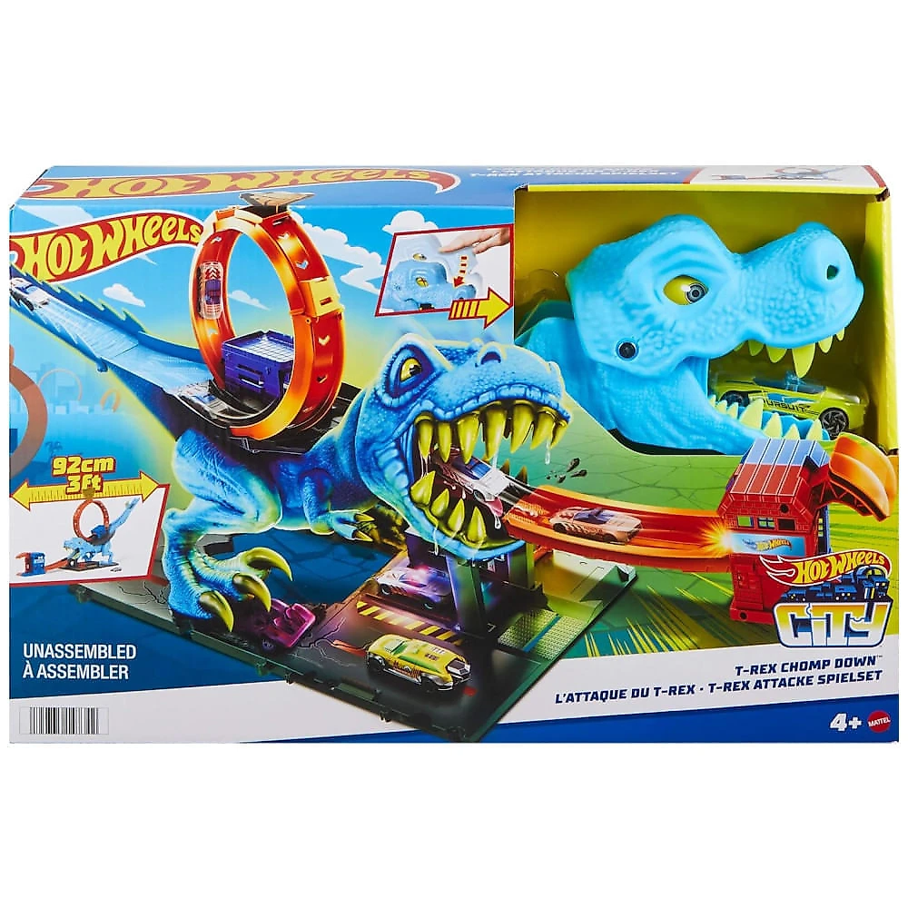 Hot Wheels City Track Set com 1 Carro de Brinquedo, Corra Através de um Gigante Loop para Derrotar um Grande Dinossauro, Conjunto de Pista de Corrida