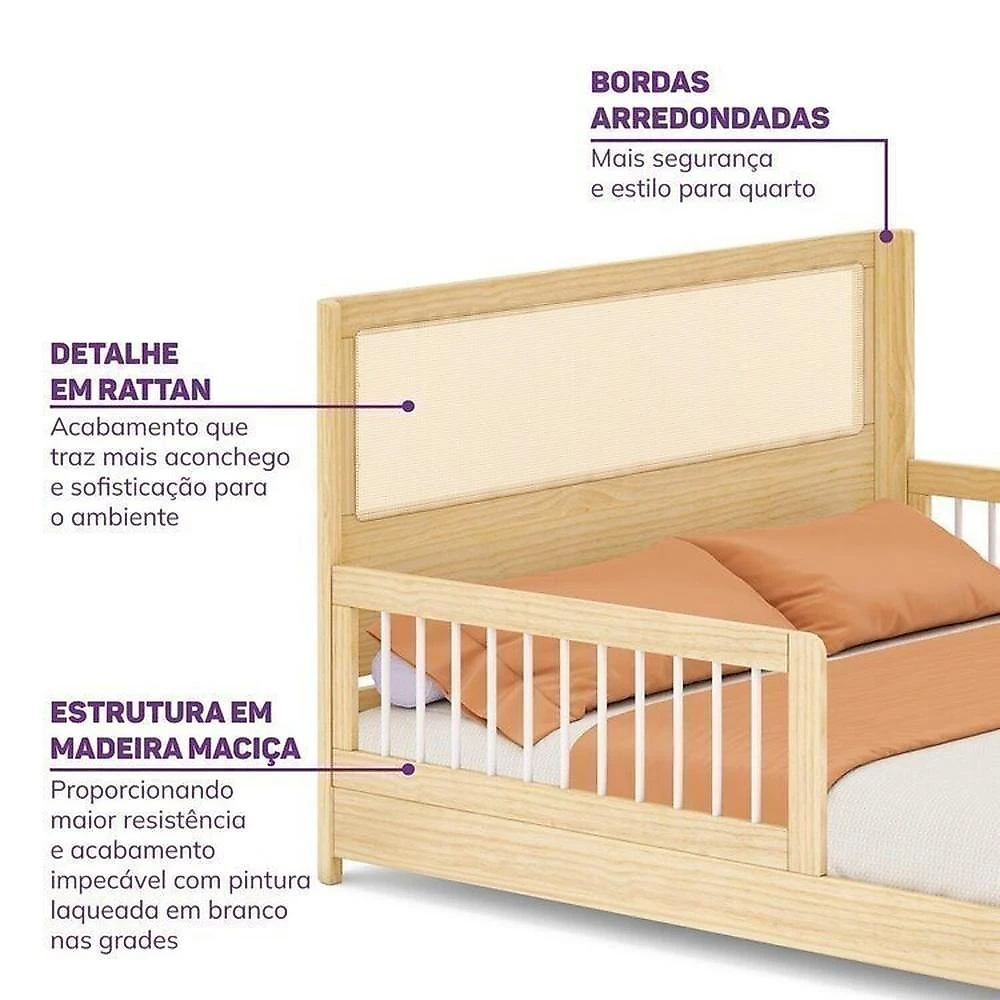 Conjunto Dormitório com Cama Montessoriana Casal e Guarda-roupa Modulado com Led Wave Casatema Branco/Natural